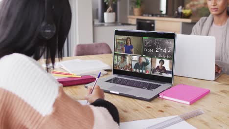 Animation-of-middle-eastern-girl-in-headphones-having-online-lessons-on-laptop-at-home