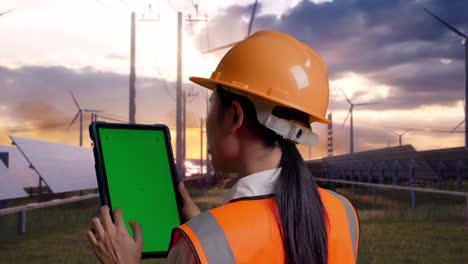 close up back view of asian female engineer with safety helmet working on a green screen tablet and looking around with solar panel and wind turbines