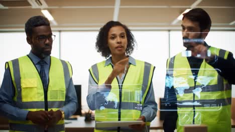 three professionals engaged in a high-tech presentation with digital maps and interactive displays in a modern workplace environment