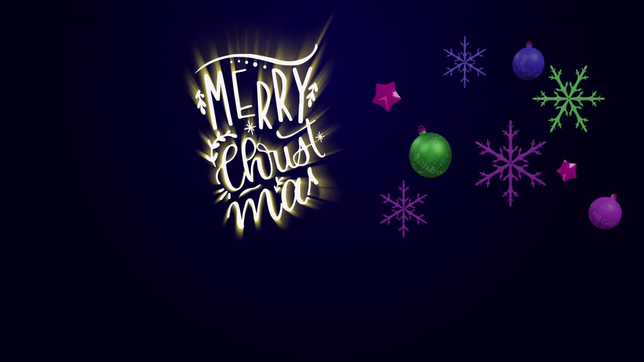 animación de saludos de navidad texto y decoraciones en fondo púrpura.