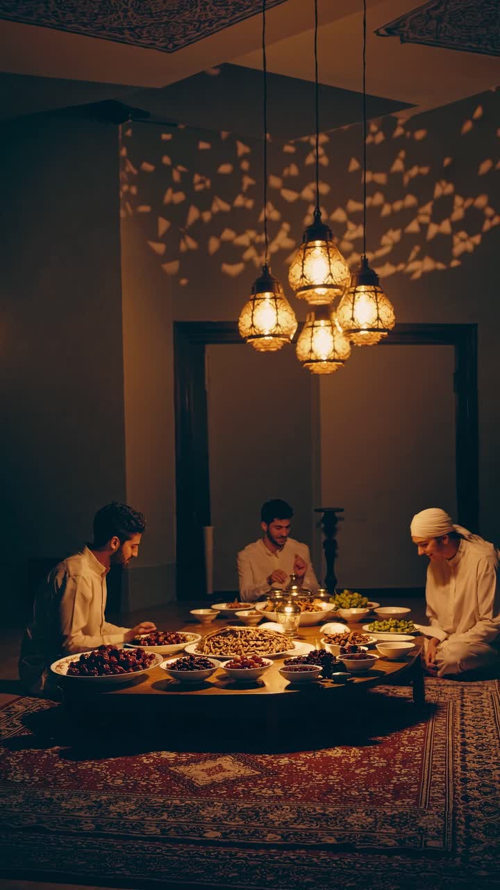 Three muslim men are sharing iftar dinner during the holy month of Ramadan, sitting around a table filled with traditional food under a beautiful chandelier