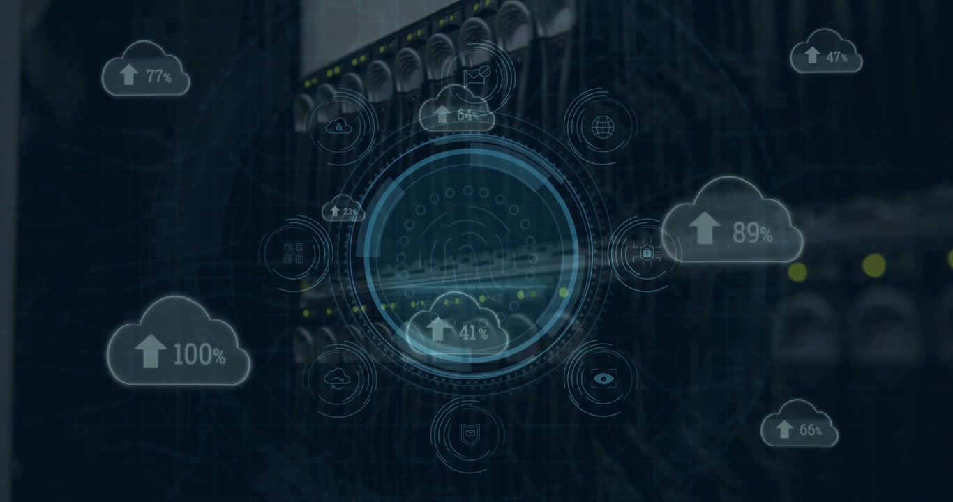 Animation of data protection text, shield, fingerprint over numbers, arrows in clouds, server rack