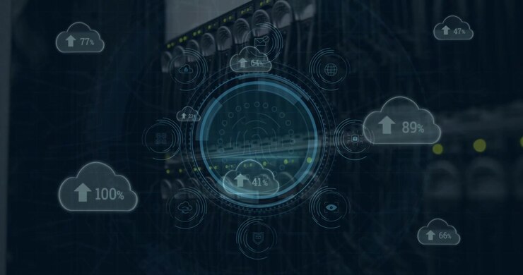 Animation of data protection text, shield, fingerprint over numbers, arrows in clouds, server rack