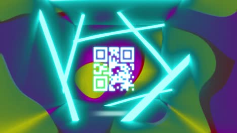 Animation-of-qr-code-and-neon-lines-over-background-with-changing-colorful-shapes