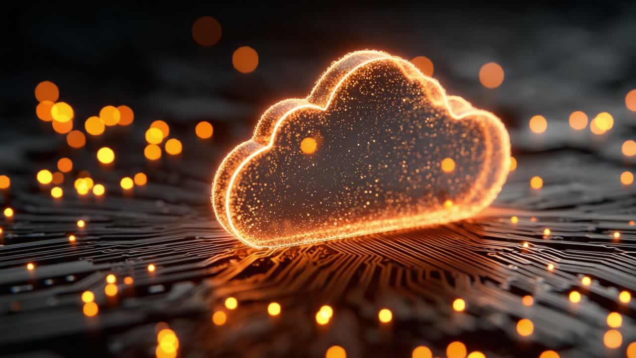 A glowing cloud symbol is prominently featured against a dark, circuit-like background, showcasing a digital landscape filled with vibrant particles of light that enhance the overall tech aesthetic