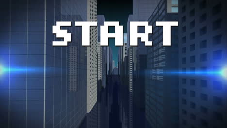 animación del texto de inicio en letras blancas sobre el paisaje urbano sobre fondo azul