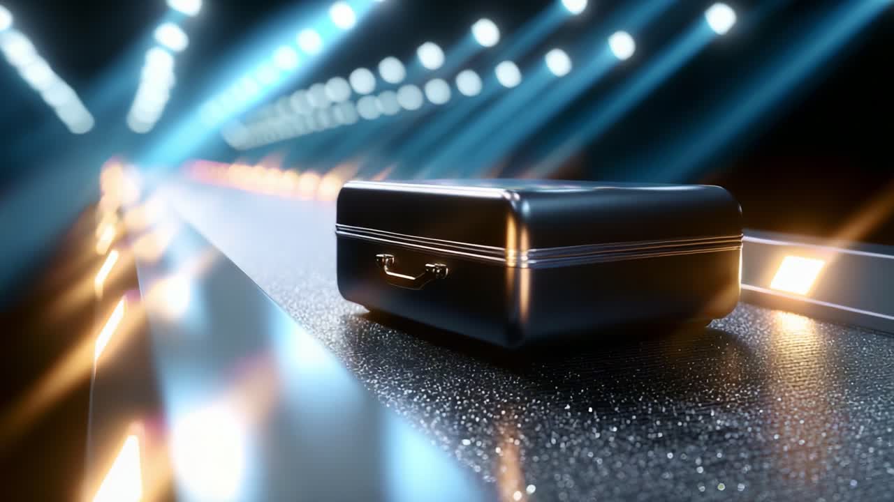 A Sleek and Mysterious Black Case Positioned Elegantly on a Shimmering Surface Illuminated by Radiant Lights, Creating an Enigmatic Atmosphere Filled with Intrigue and Anticipation for the Viewer