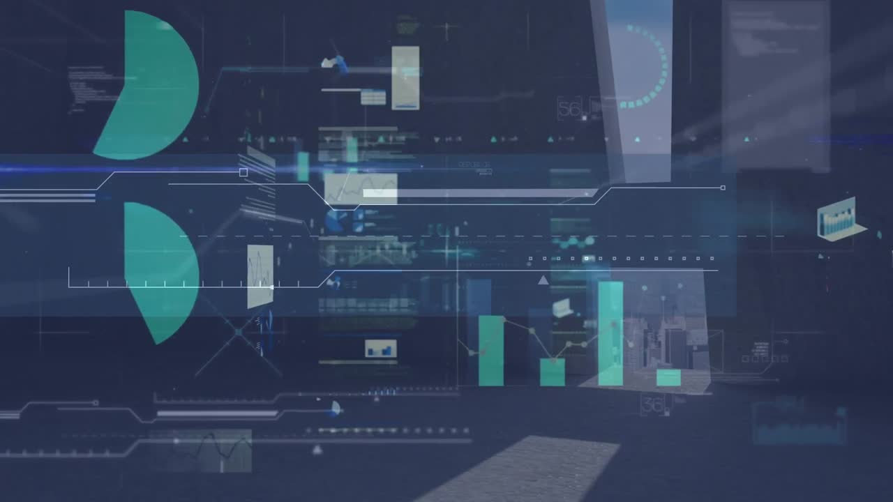 Animation of financial data processing over cityscape