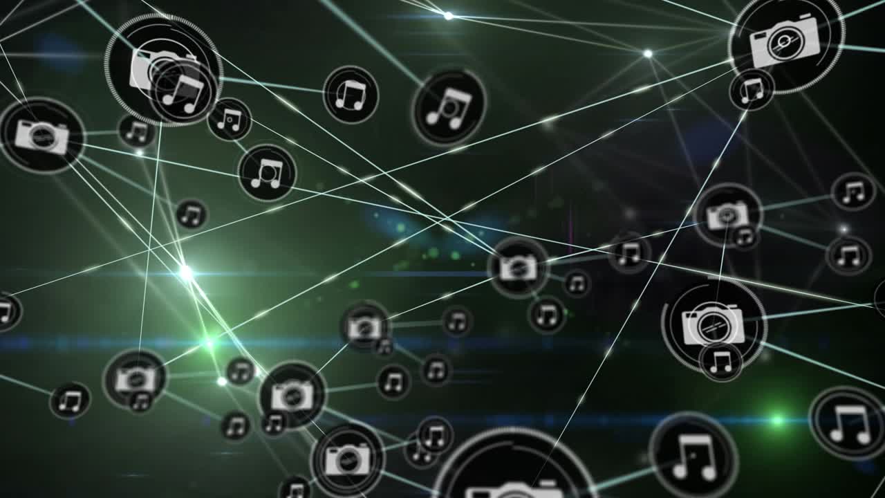 黒い背景にアイコン付きのネットワーク接続のアニメーション