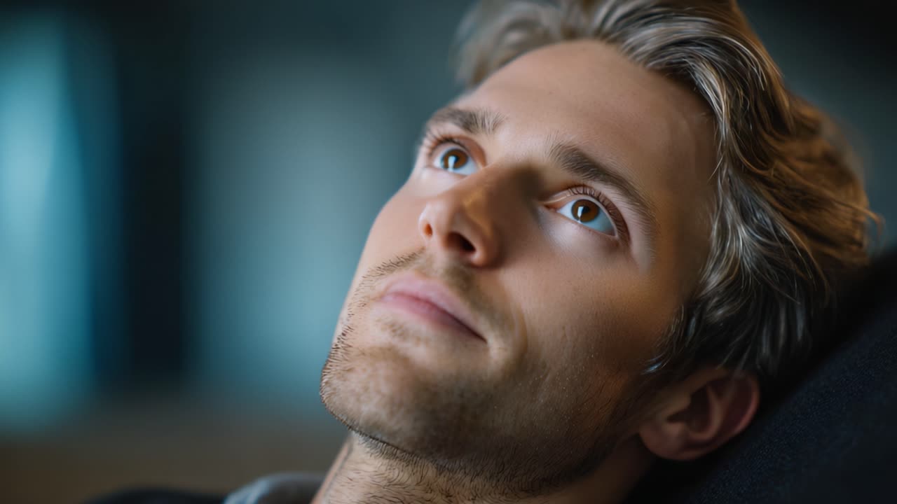 A Relaxed Individual in Contemplation, Transitioning from Deep Thoughtfulness to Awareness, Capturing Emotions in Two Frames of Quiet Reflection and Serene Focus