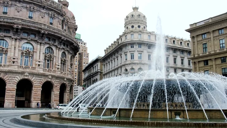 Fuente de Génova Piazza de Ferrari chorro de agua plaza grande lugares emblemáticos de vacaciones italianas