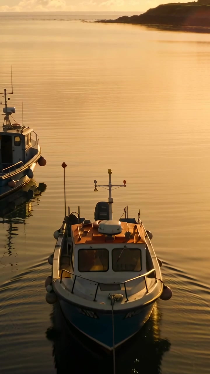 Video verticale: Motore che alimenta una piccola barca a cabina che si dirige verso una baia calma al tramonto, passando una barca ormeggiata.
