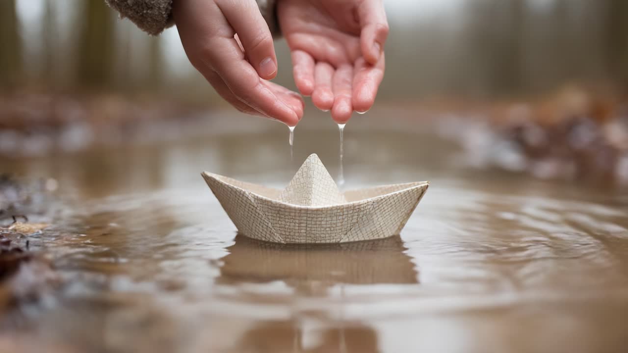 A Delicate Paper Boat Sails on a Serene Puddle as Water Drips Gently from Outstretched Hands, Capturing the Essence of Playfulness and Nature's Beauty