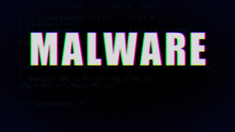 Animation of white text, malware, with flash of green data, on black background