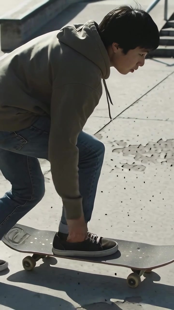 Vertical video: Pushing teen skater placing front foot on board and rolling at skatepark hoodie