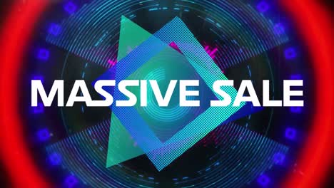 animation of massive sale text over shapes and neon tunnel