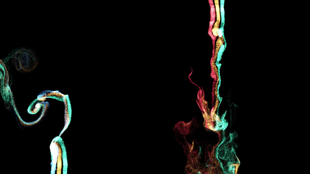 4k video of multi colored particles in motion on black background.