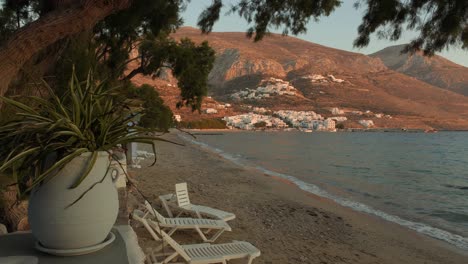 wide shot of the pretty little village of egliali at sunset on the island of amorgos in the greek cyclades islands, europe