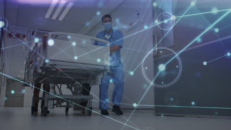 una red brillante de conexiones contra un grupo de trabajadores de la salud que llevan a un paciente al hospital