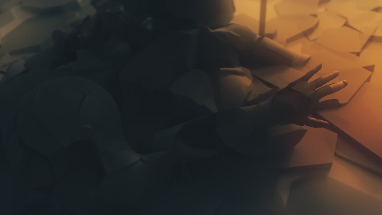 Destroyed andorids on a junkyard in yellow light