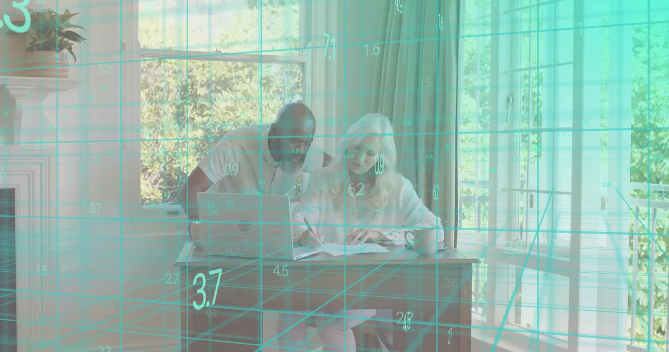 Colleagues reviewing reports, laptop spawning turquoise grid with numbers driving business analysis