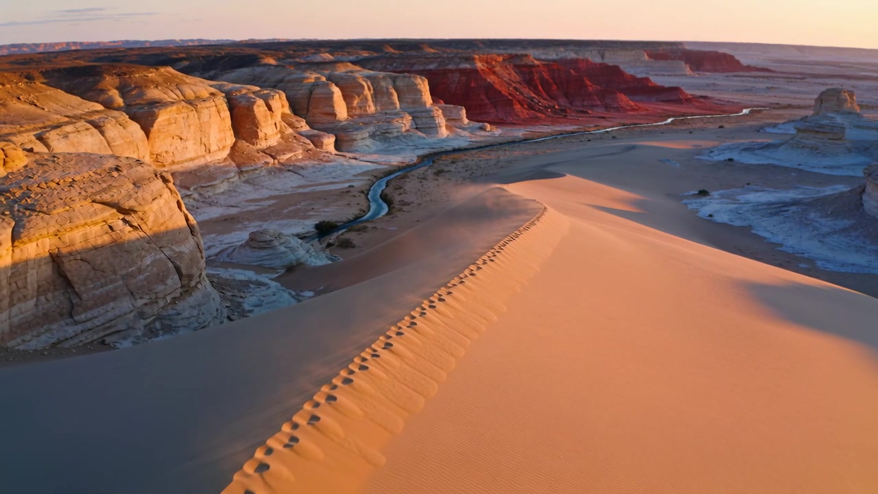 Gleitende Drohne bewegt sich bei Sonnenuntergang entlang eines Sanddünenkamms und enthüllt Fußspuren und Sandsteinklippen.
