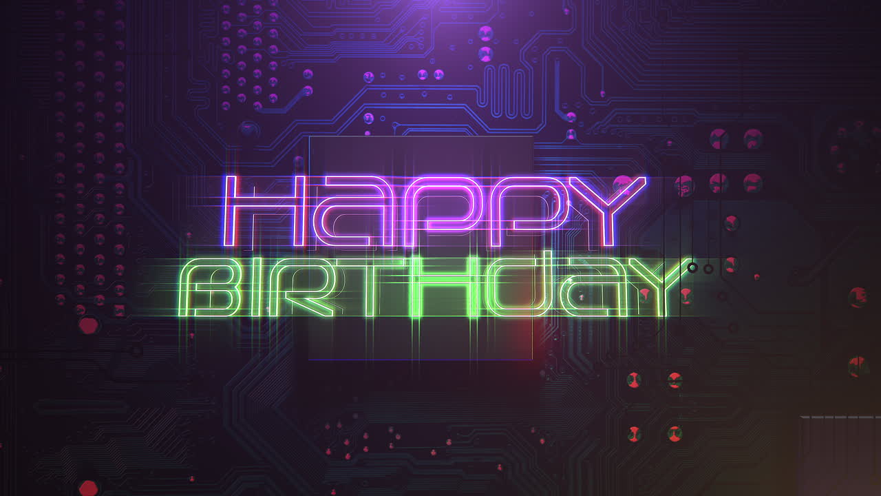 feliz cumpleaños con placa base de neón y matriz de computadora