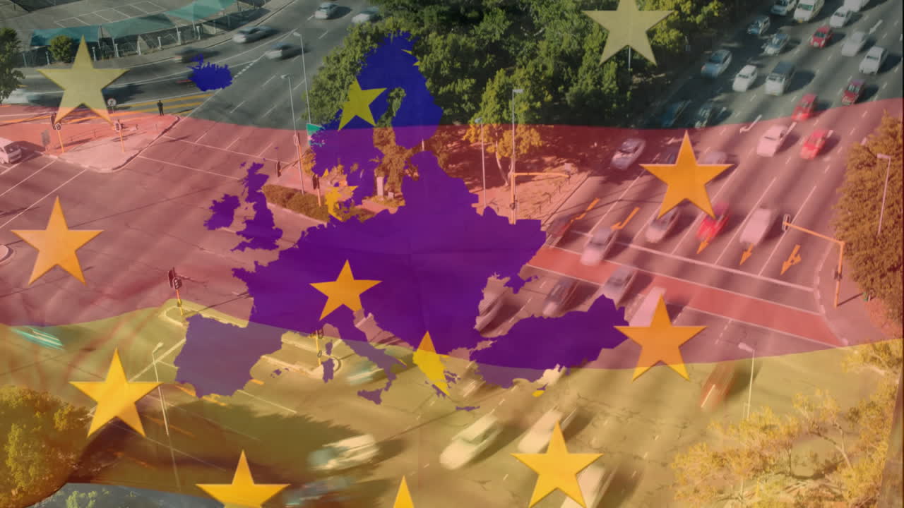 Map of Europe and stars animation over busy city traffic