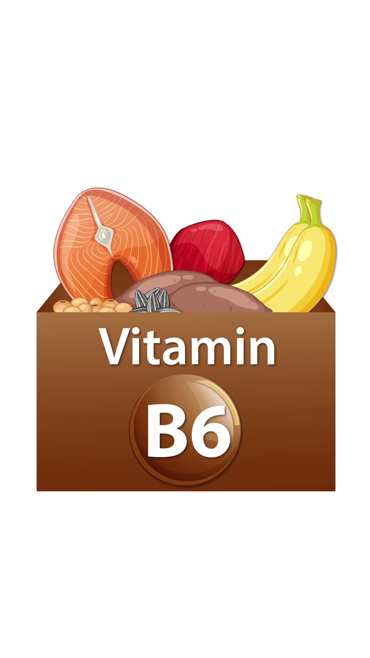 Una scatola marrone di vitamina B6 si apre, rivelando frutta e verdura illustrate, su uno sfondo bianco pulito.