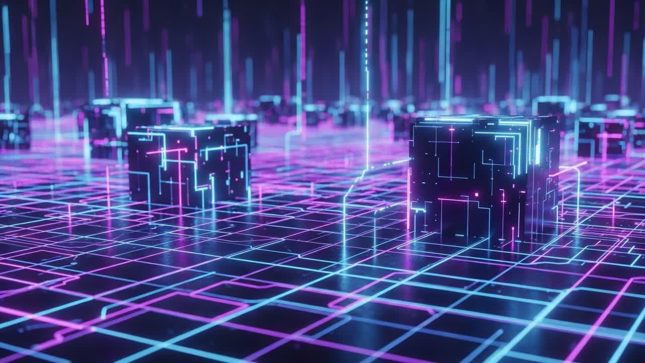Exploring a Futuristic Digital Landscape with Neon Cubes and Dynamic Light Patterns, Capturing the Essence of Technology and Innovation in a Virtual World