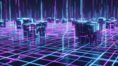 exploring a futuristic digital landscape with neon cubes and dynamic light patterns, capturing the essence of technology and innovation in a virtual world