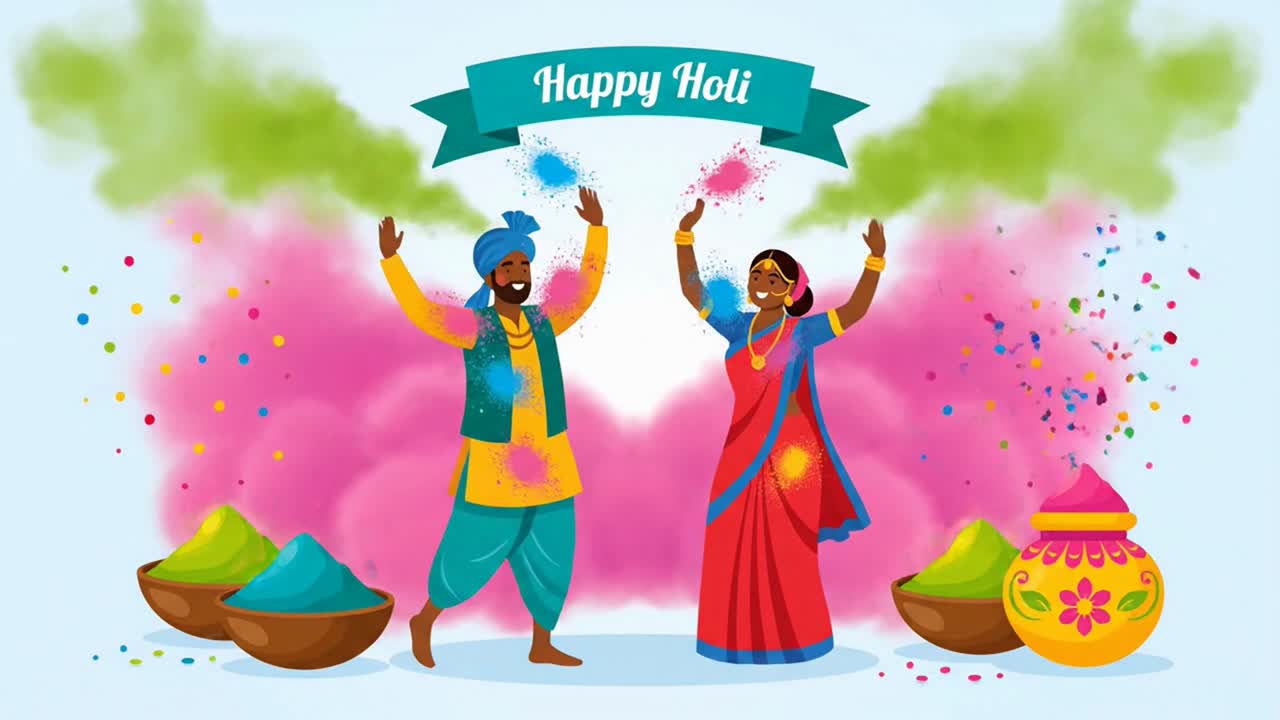 Felice festa di Holi con una coppia indiana che balla