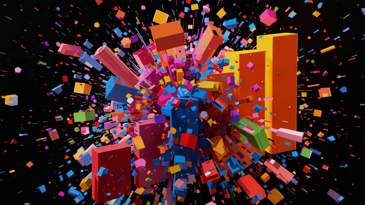 Bursting central block cluster expanding in virtual void, scattering multicolored cubes and prisms