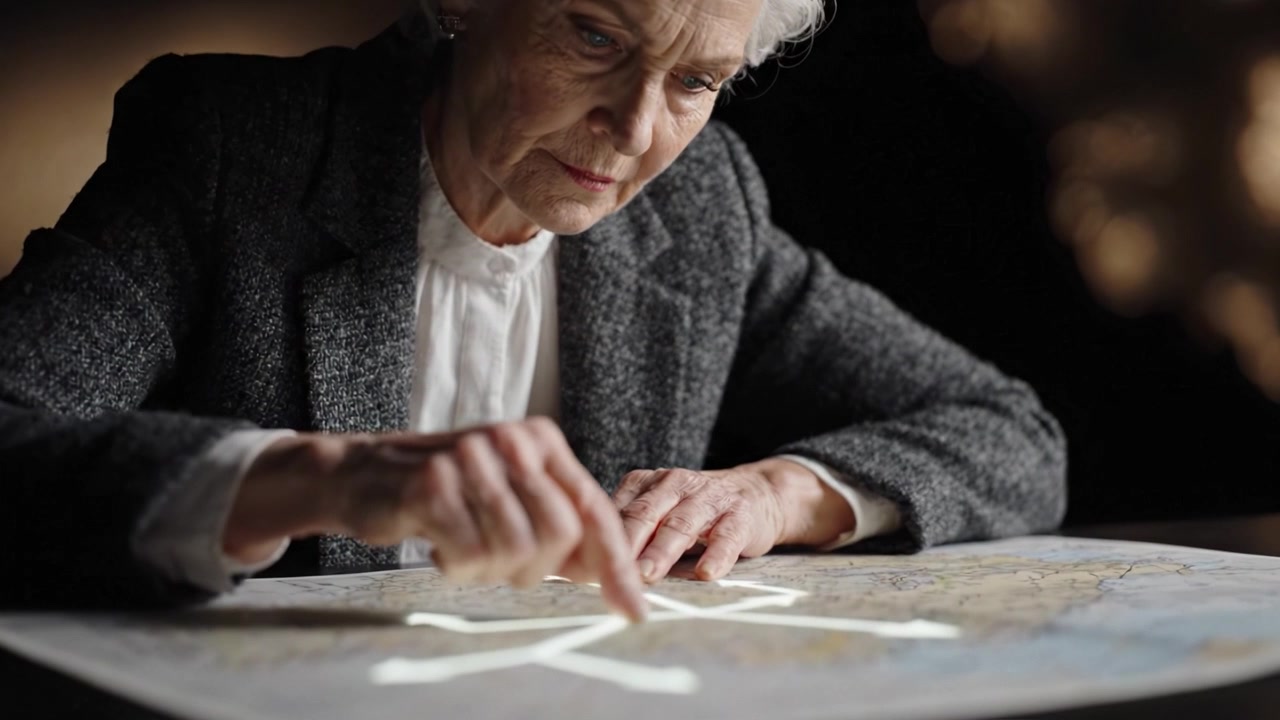 An Elderly Woman Analyzing a Map with Focused Intent, Tracing Routes with Her Finger, Illuminated Lines Creating Patterns, Captivating Exploration of Geography