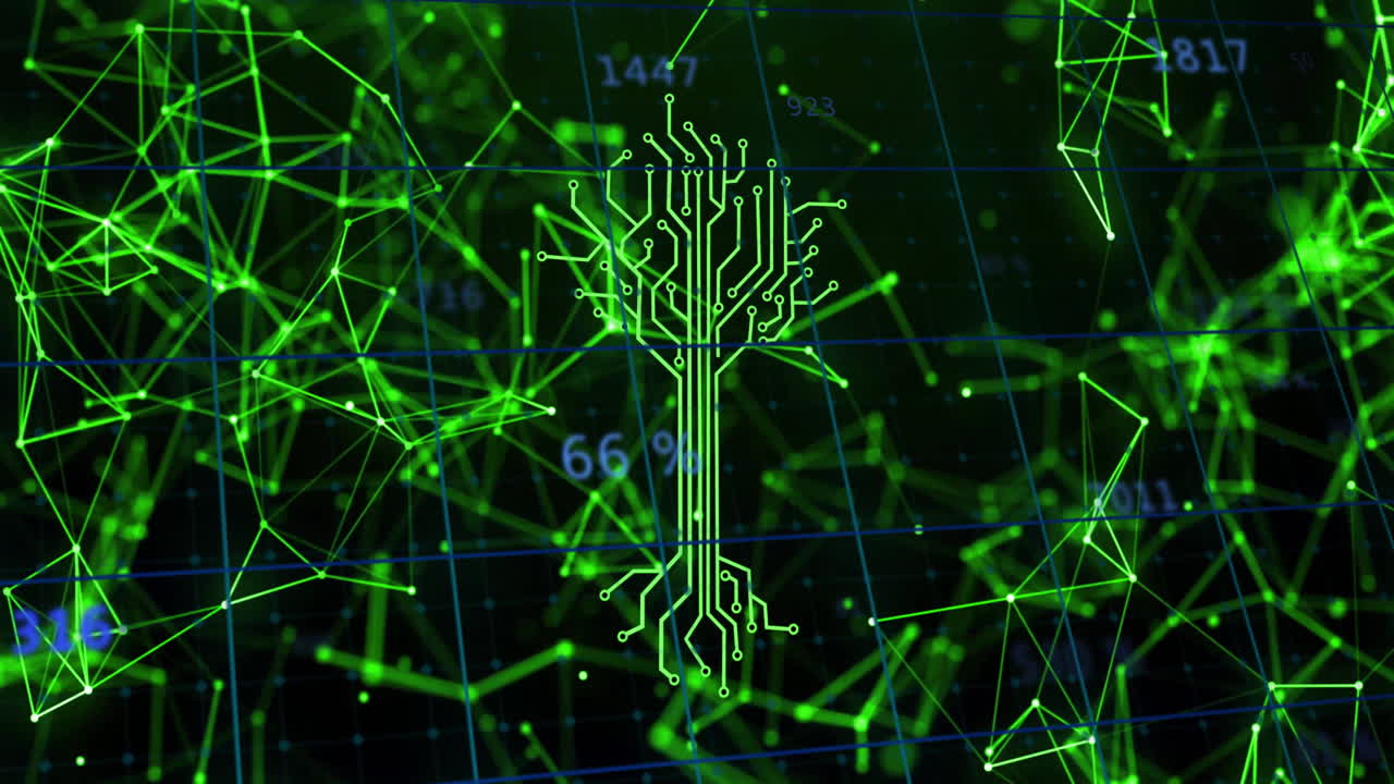 Circuit tree design with green digital network and data processing animation