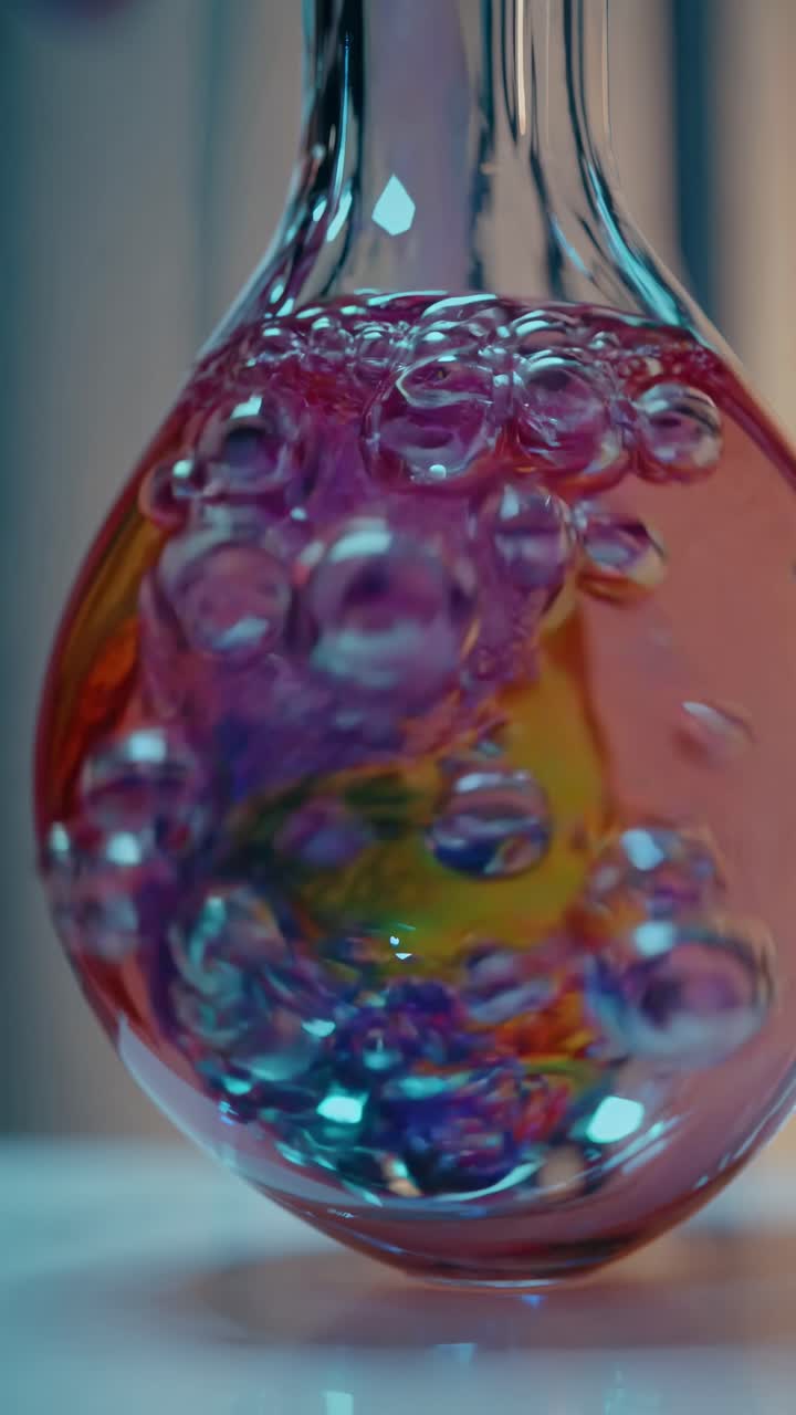 Close-up video of a bubbling liquid in a round-bottom flask. Captured from a low angle