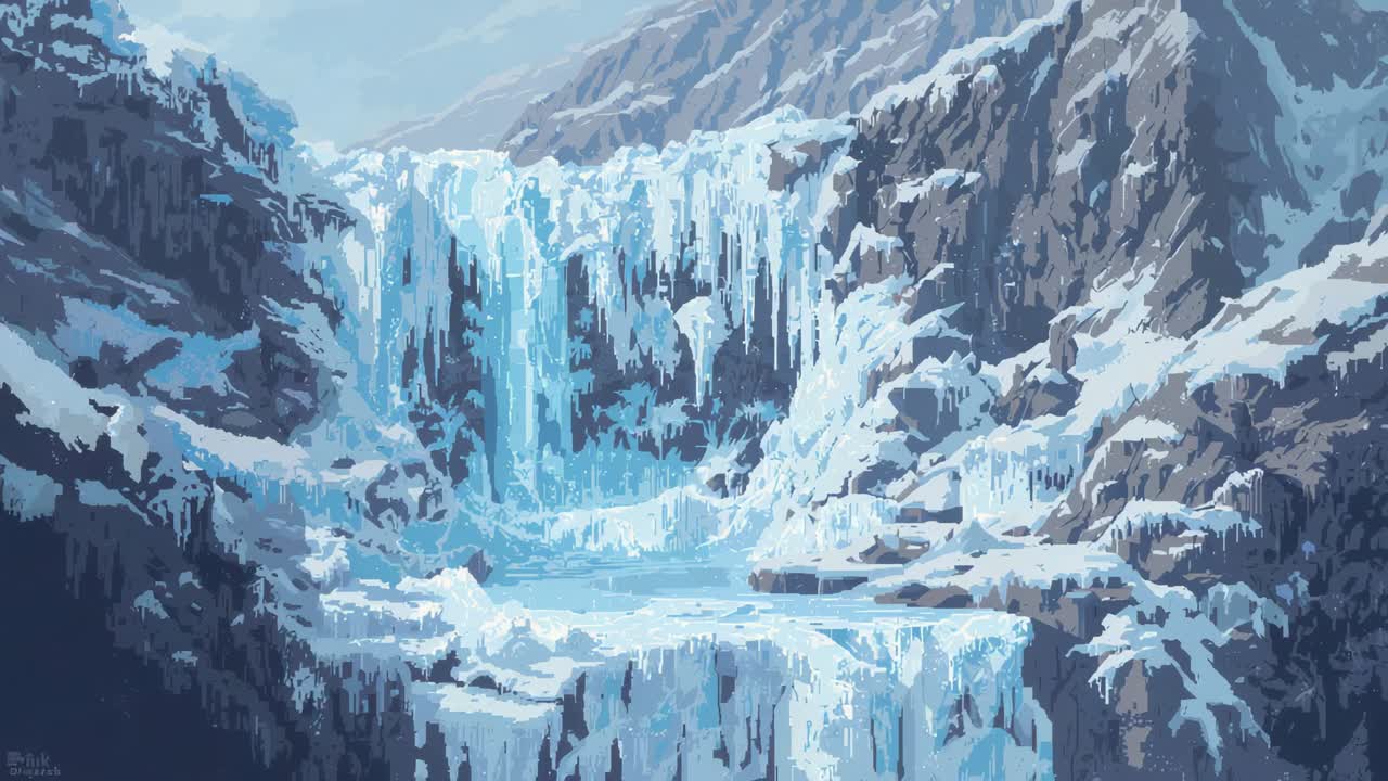Camera recording frozen waterfall and long icicles to show light shifts in alpine ravine, ice basin