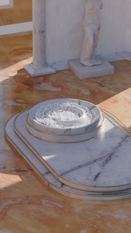 marble display with white balls and sculptures