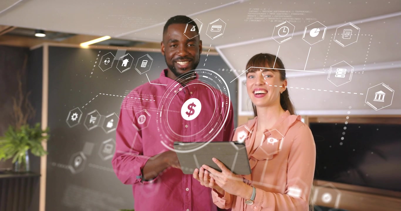 Man tapping tablet screen and woman tilting tablet in lounge, reviewing floating finance charts