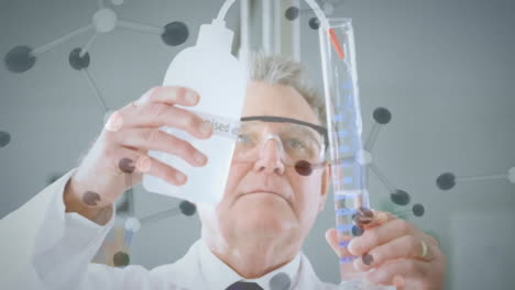 animation of chemical molecules over caucasian male scientist taking sample in lab