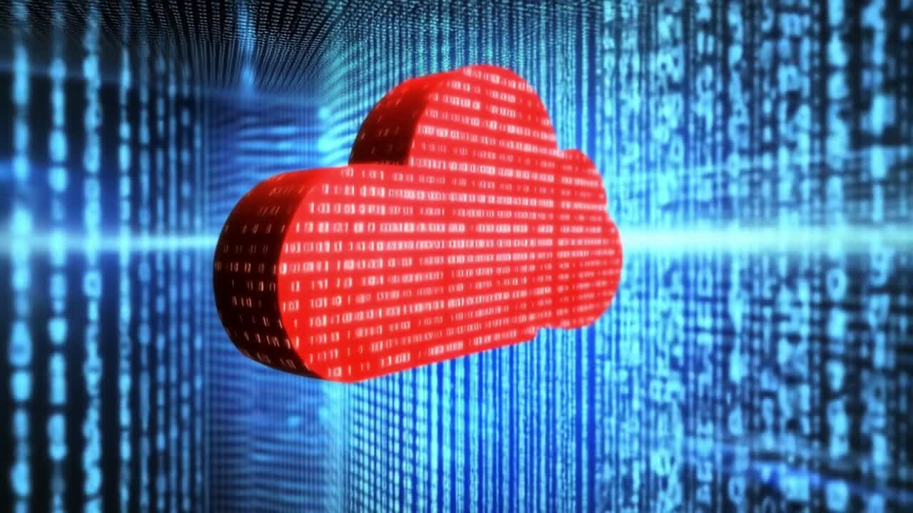 Cloud tech and data transfer. A vivid representation of cloud technology with digital data streams and binary code in the background.