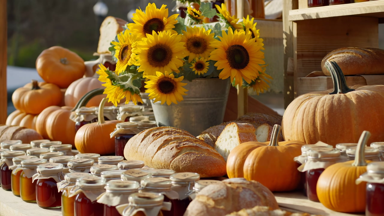 Sunflowers Pumpkins Jars Bread On Stall Warm Golden Light Rustic Wooden Display Rows Of Small Batch Preserves