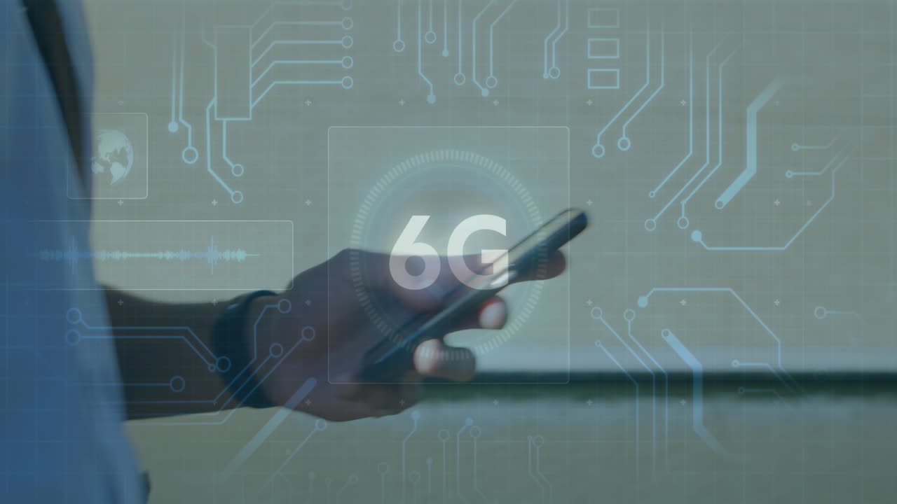 스마트폰을 사용하여  ⁇ 고 있는 사람 위에 6g 텍스트와 반 ⁇ 이는 컴퓨터 마더보드의 애니메이션