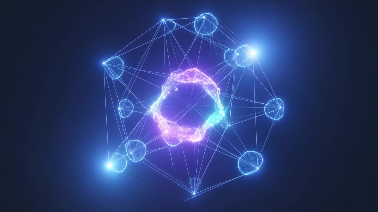 Rotating glowing network reconfiguring after node flares in dark navy void, pulsing torus balancing