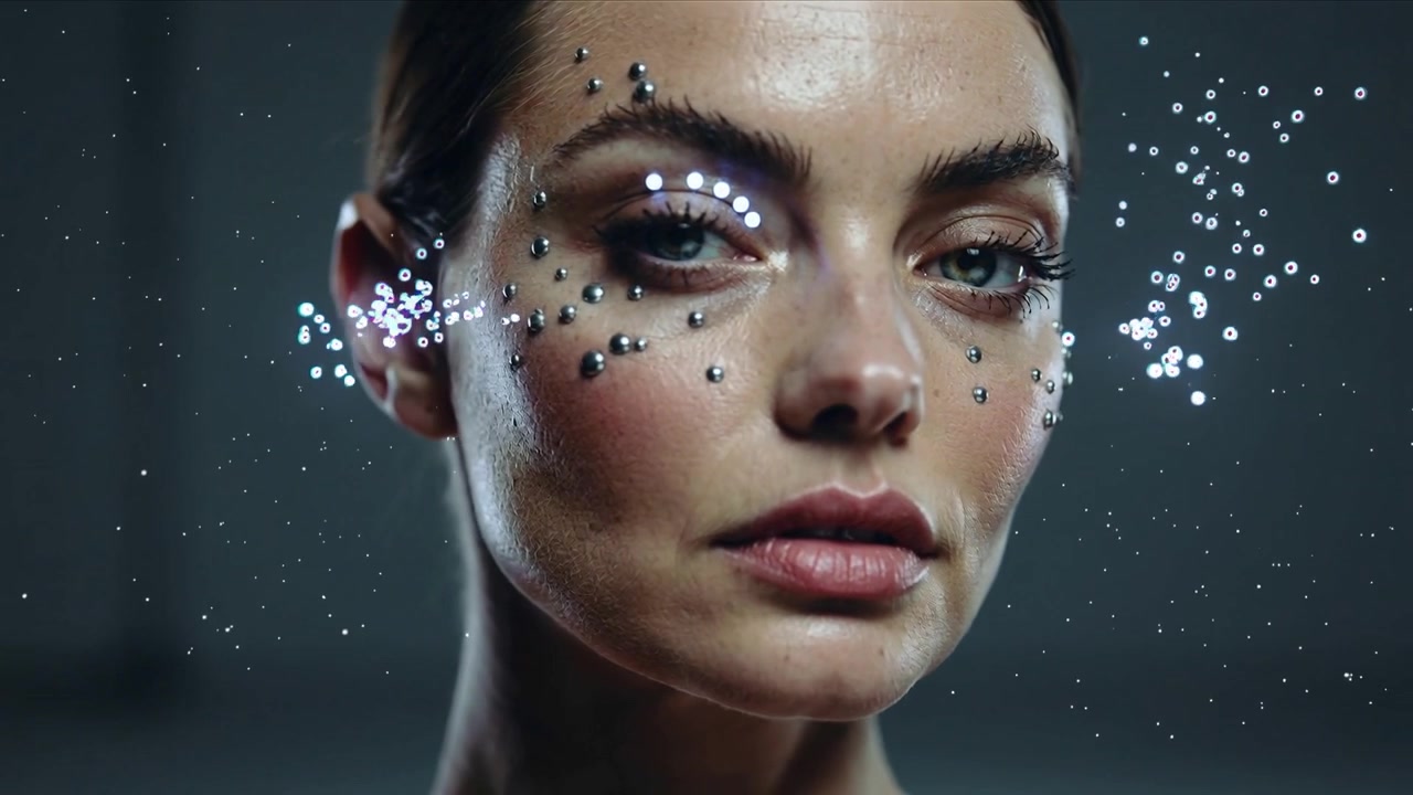 Cloud appearing left sending particles sweeping across model face in studio, tracing metallic studs