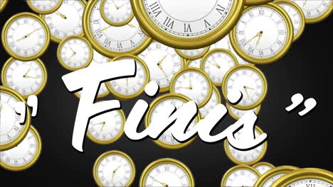 animación del texto finis sobre múltiples relojes moviéndose rápido