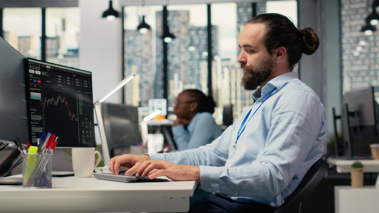 Sad portfolio manager in office dejected by negative investment returns