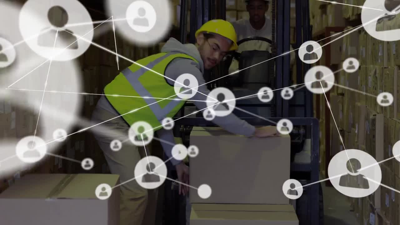 Animation of network of connections with icons over diverse workers in warehouse