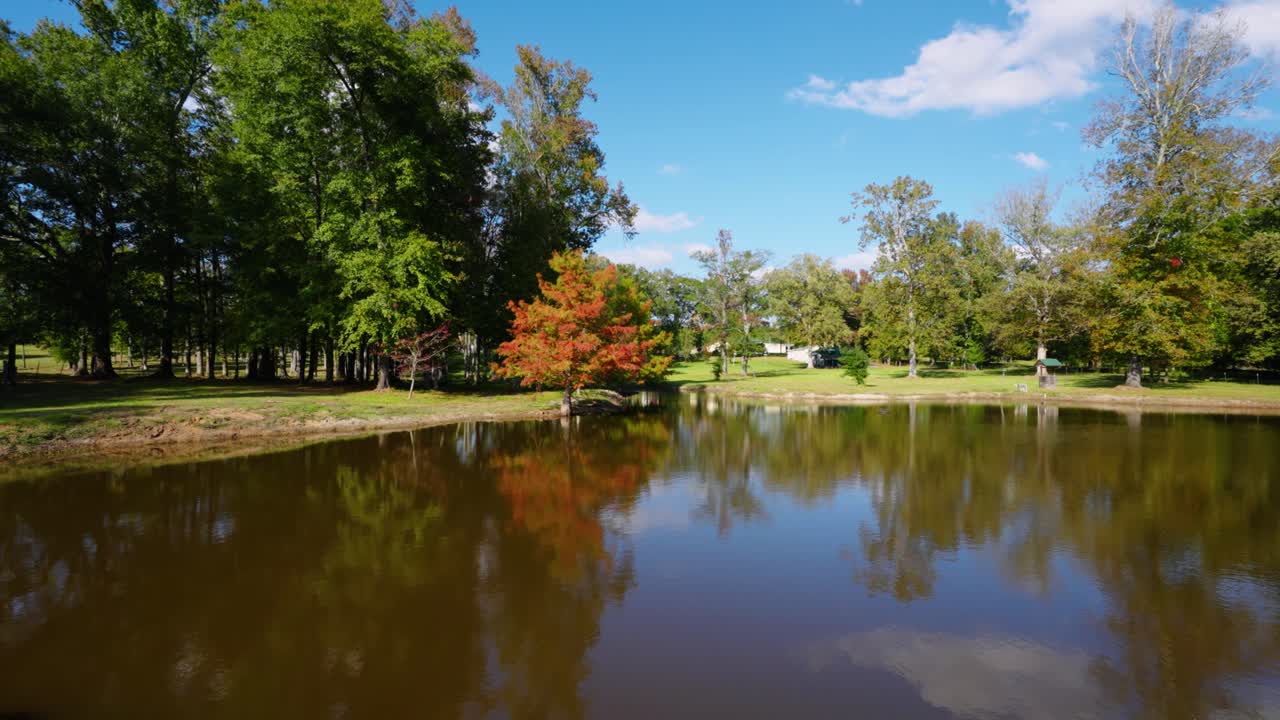 A calm lake reflecting trees with autumn colors and a bright blue sky. The clear water captures the vibrant foliage along the shoreline, creating a peaceful and scenic landscape on a sunny day.