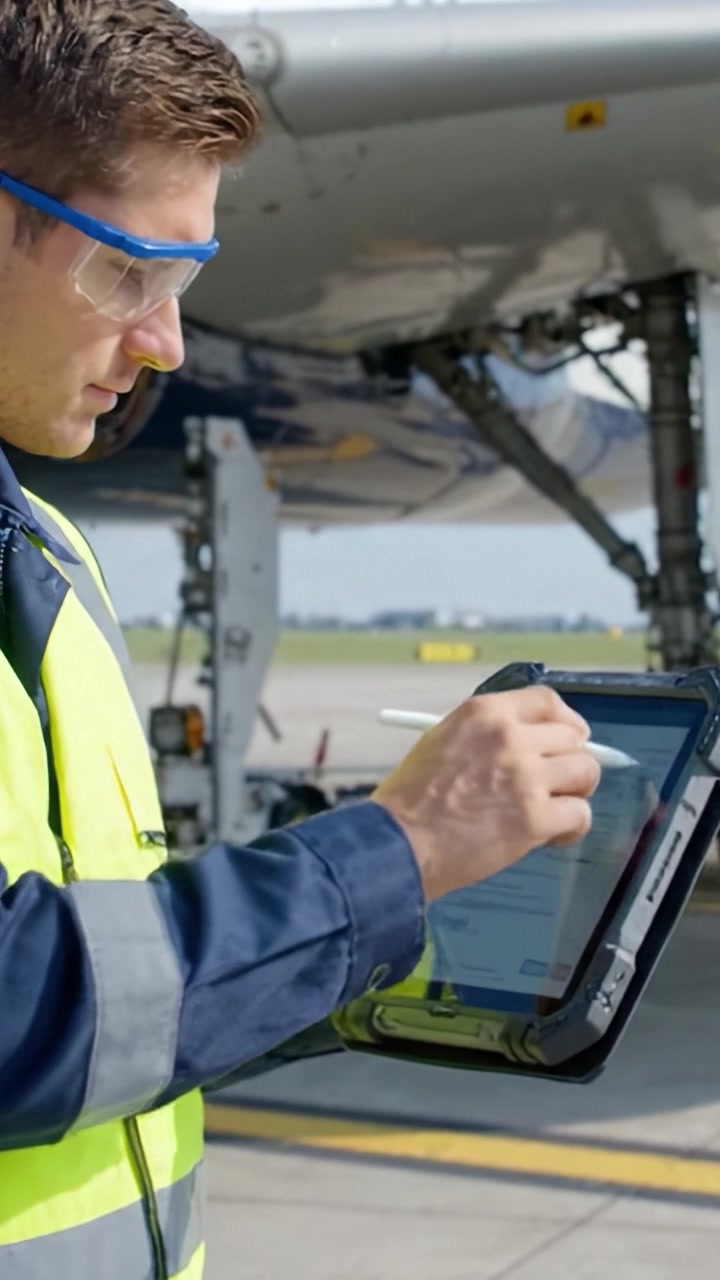Técnico de Aviação Focado Realizando Verificações Pré-Voo com um Tablet Digital no Aeroporto, Garantindo que Todos os Sistemas da Aeronave Estejam Operacionais e Seguros para a Partida